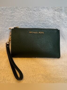 Michael Kors Dark Green Saffiano Leather Wristlet with Gold Hardware
